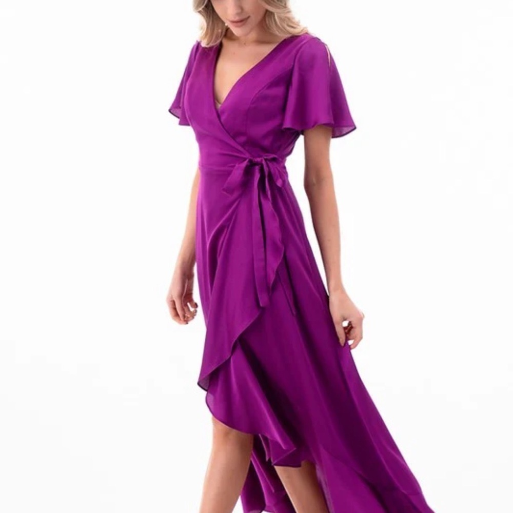 PURPLE WITH FLUTTER SLEEVES RUFFLE WRAP MAGENTA MAXI DRESS 159.00 - Picture 2 of 6